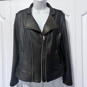 Clara SunWoo Women's Liquid Faux Stretch Leather Moto Black/Gold Jacket-Large